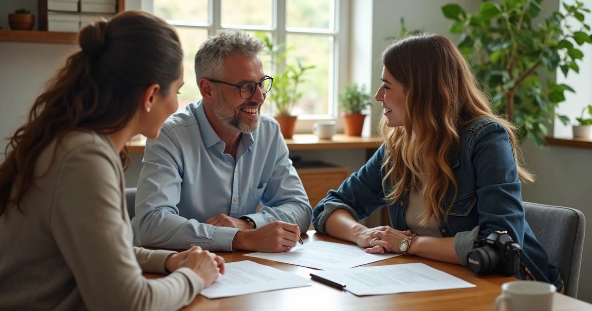 Fotógrafo e cliente sentados à mesa, analisando contrato de fotografia 