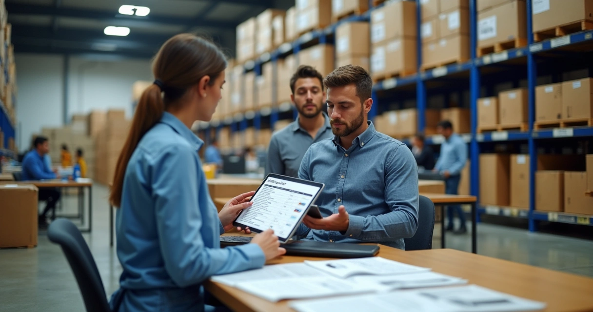 Equipe analisando tarifas de frete em centro logístico 