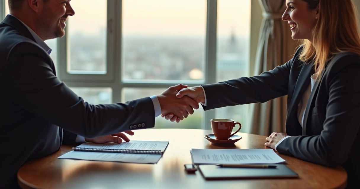 Reunião fechando negociação em sala pequena 