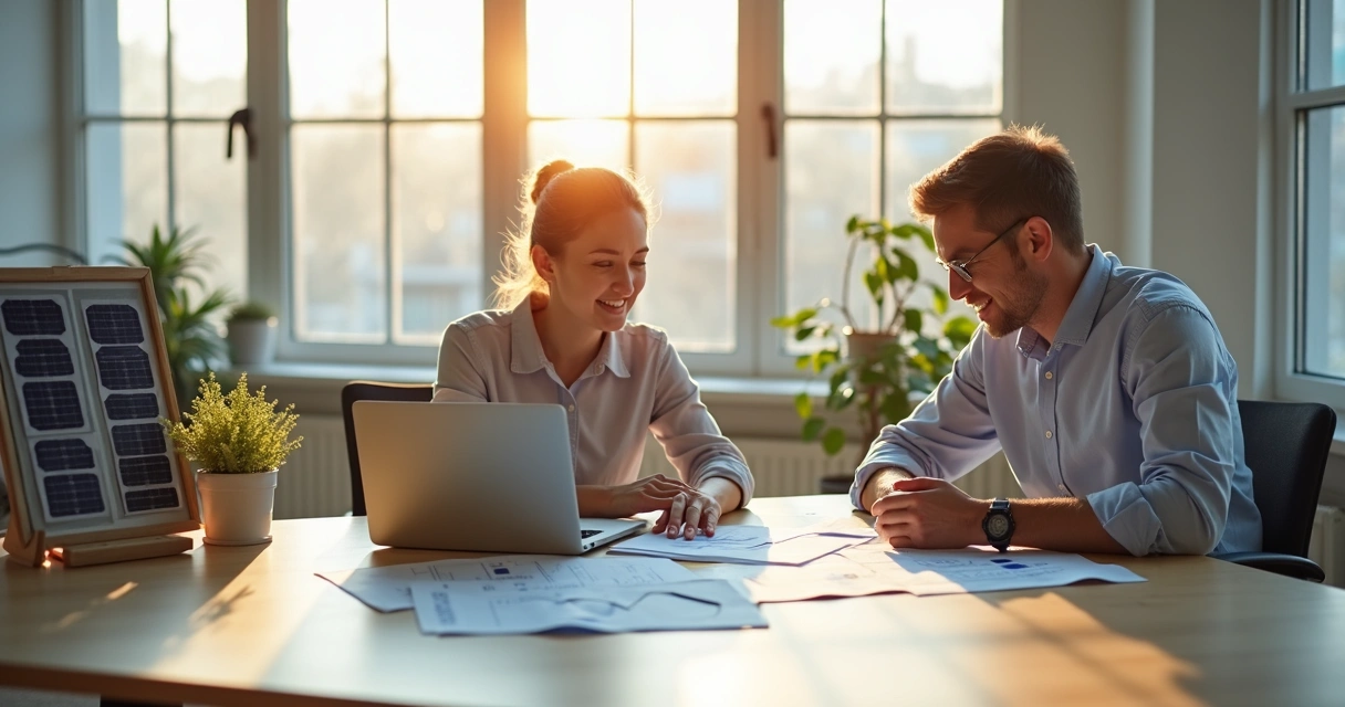 Homem e mulher analisando documentos fiscais em mesa de escritório solar industrial