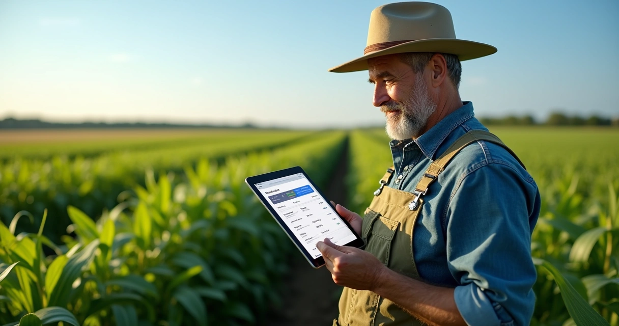 Produtor rural com tablet em campo de soja, monitorando negociações digitais 