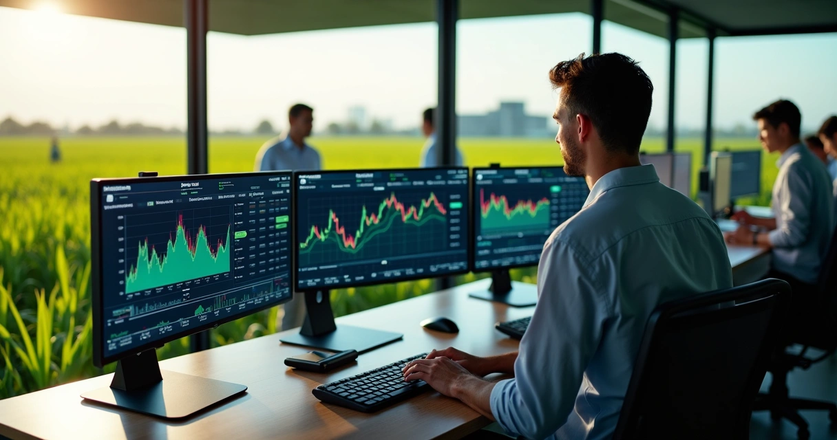 Mesa de negociação com gráficos financeiros e cotações de moedas em tela, com trabalhadores rurais ao fundo e campos agrícolas ao redor 