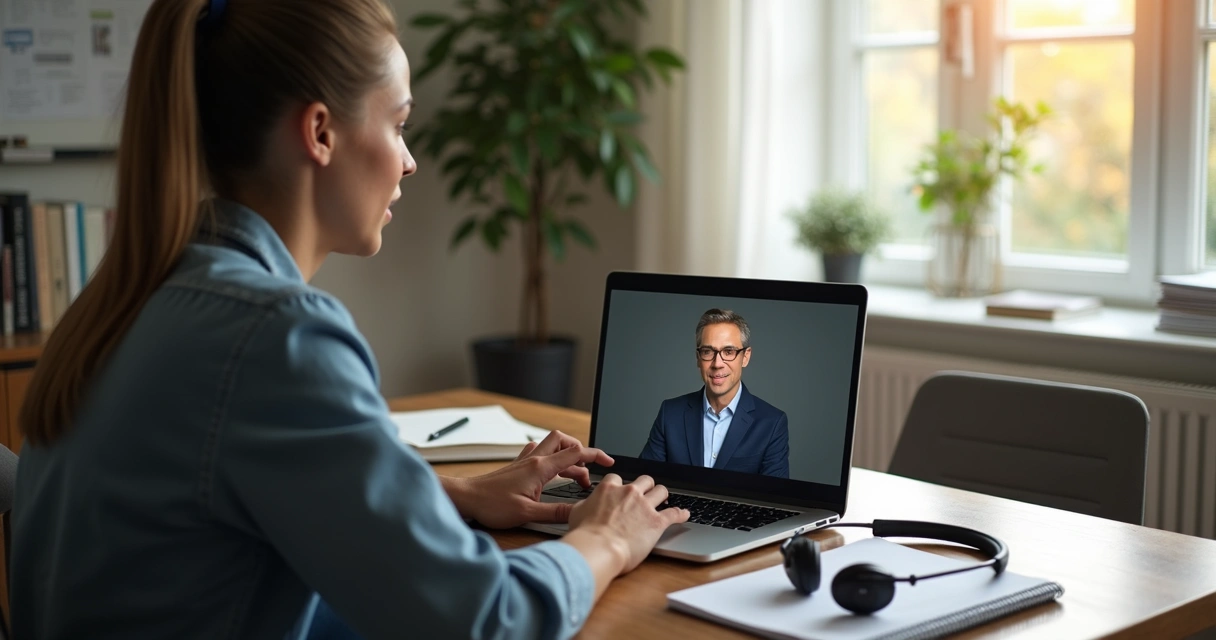 Pessoa em videoconferência negociando com escuta atenta