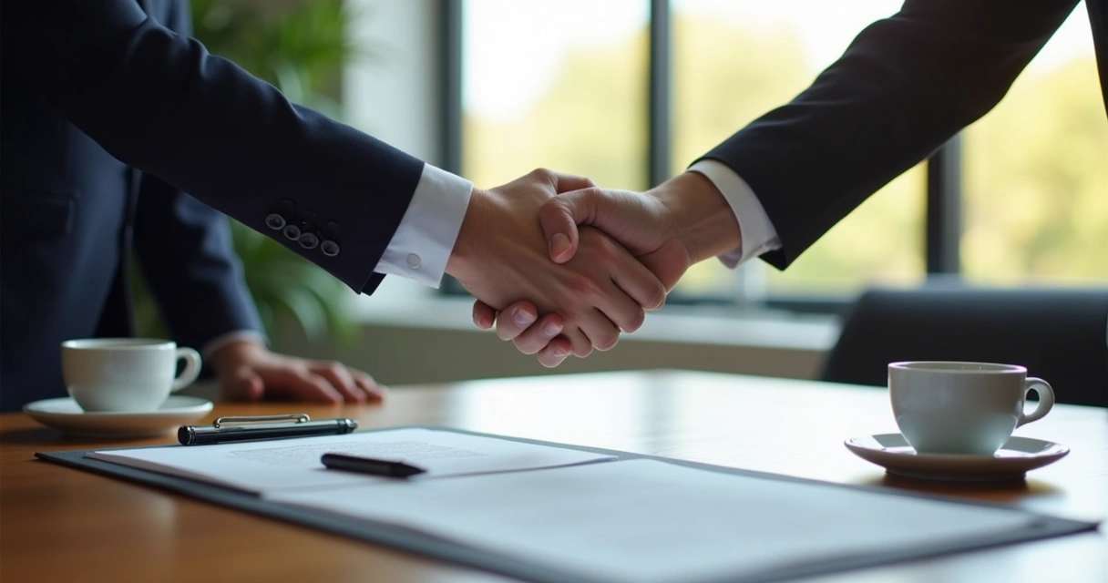 Duas pessoas apertando as mãos em cima de documentos de contrato em uma mesa de escritório