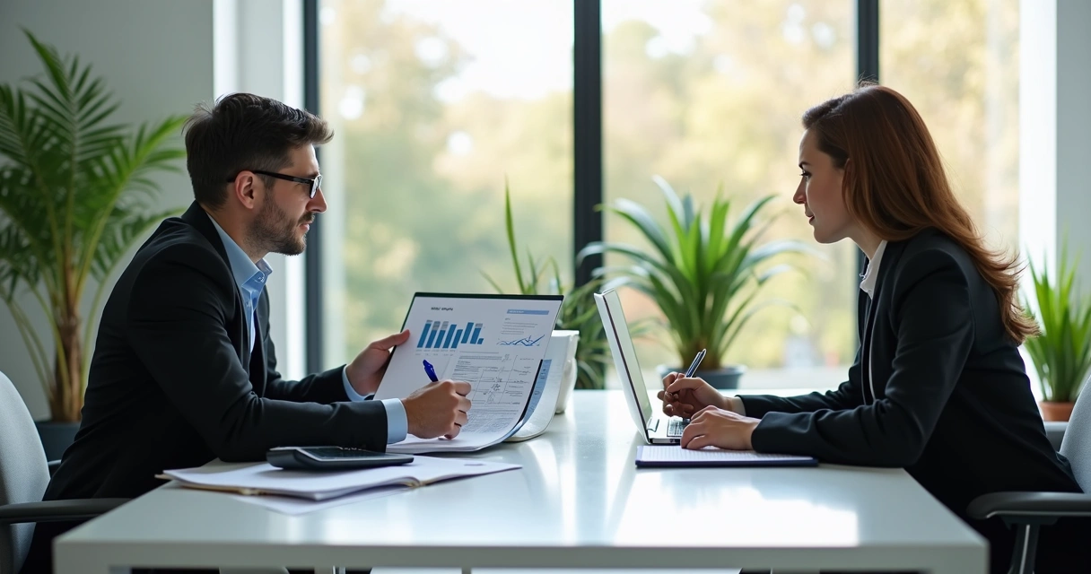 Profissional sentado à mesa negociando honorários com cliente formal em ambiente de escritório moderno 