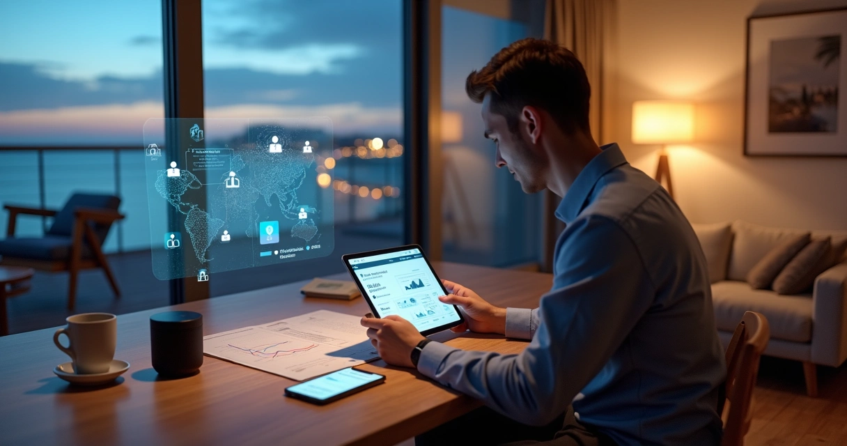 Gestor de aluguel por temporada analisando proposta em tablet com painel de IA 