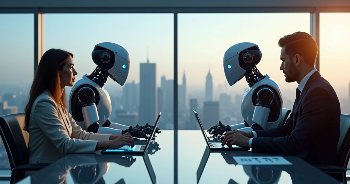 Negociação entre humanos e robôs em escritório moderno 