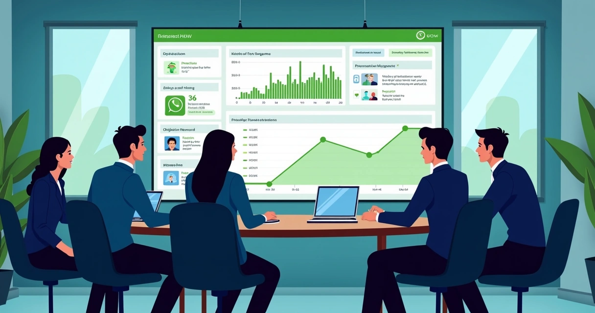Reunião entre vendedores analisando padrões de negociação via WhatsApp exibidos em um grande painel digital 