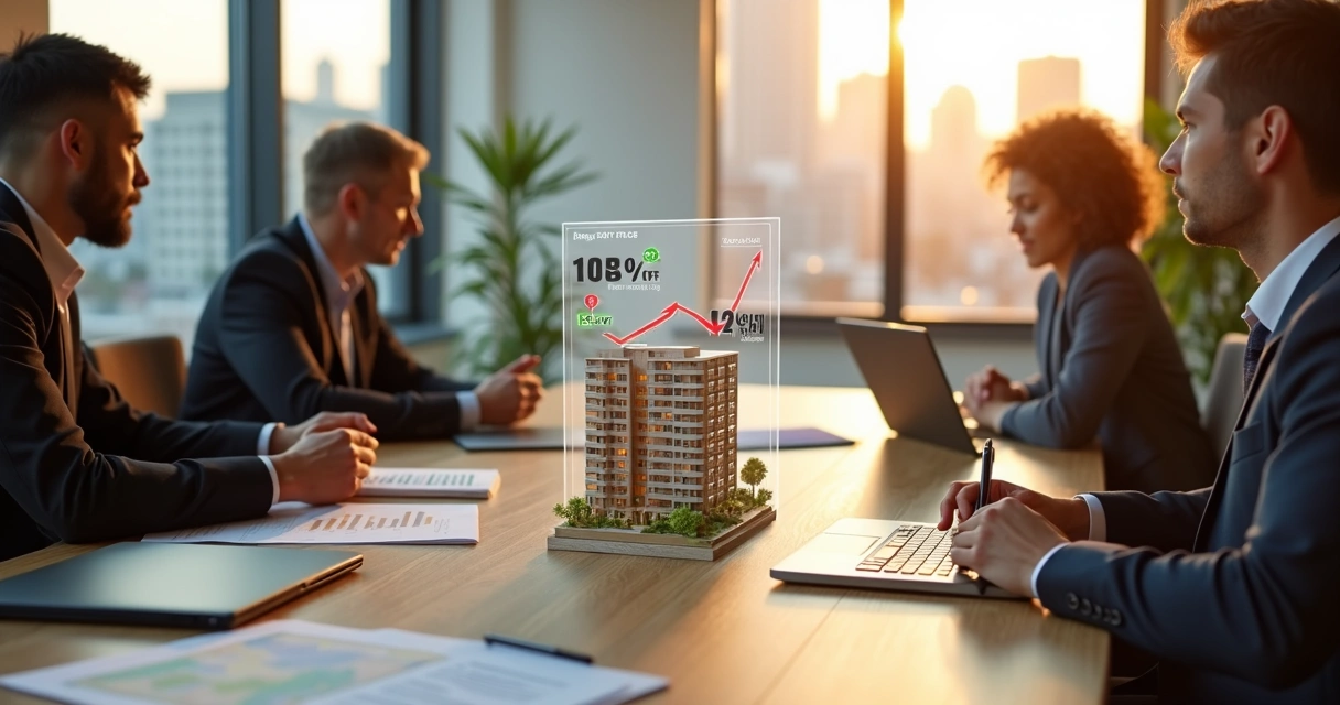 Investidores negociando apartamento com gráfica de valores projetada na mesa 
