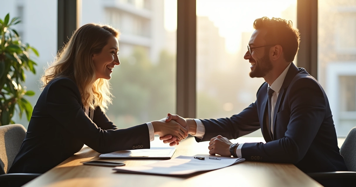 Corretor e cliente apertando as mãos ao fechar negócio imobiliário na mesa do escritório. 