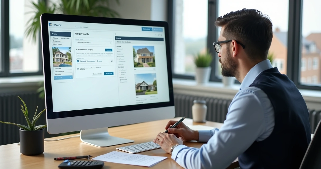 Corretor analisando proposta imobiliária em tela 