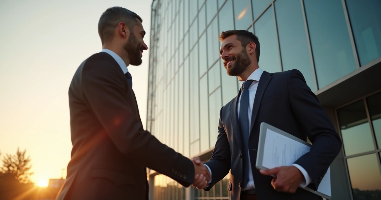 Corretor negociando imóvel comercial moderno com empresário, prédio ao fundo 