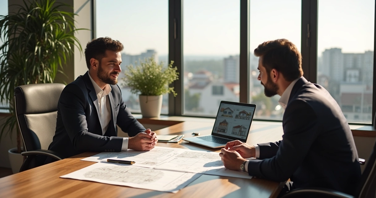 Pessoa negociando a compra de imóvel usado com corretor em escritório moderno em Paulínia 