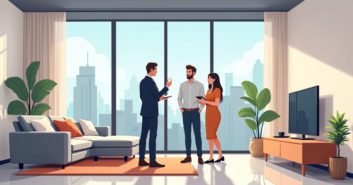 Corretora mostrando imóvel para casal jovem em sala moderna 