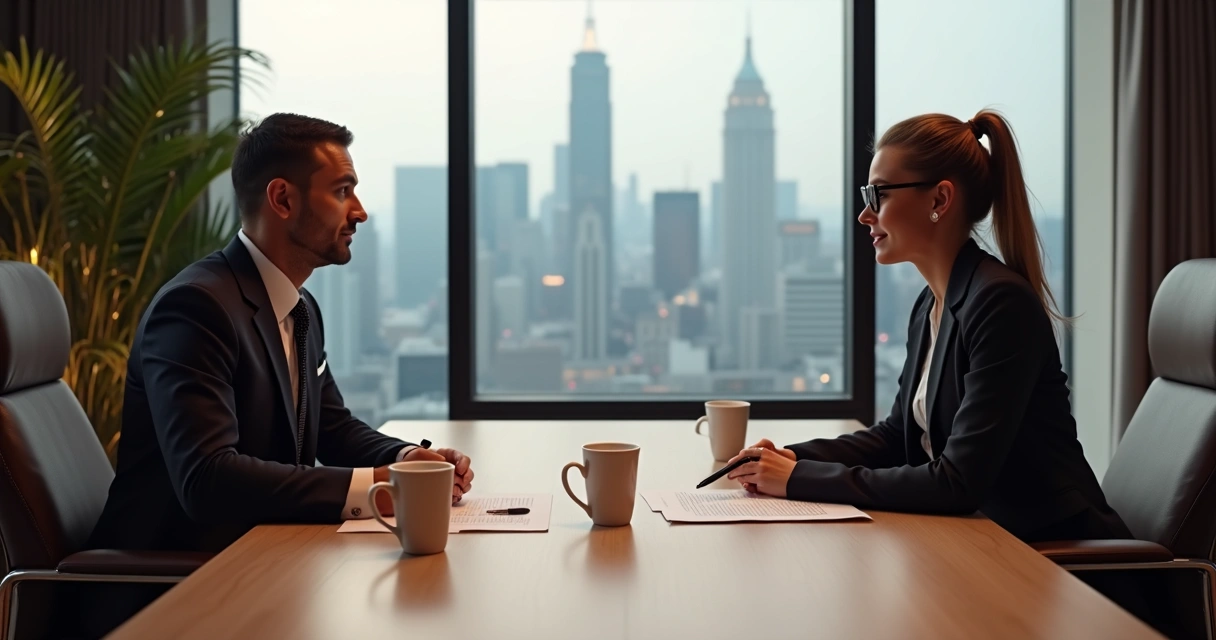 Mesa de negociação de imóvel de luxo com documentos e cafezinho 