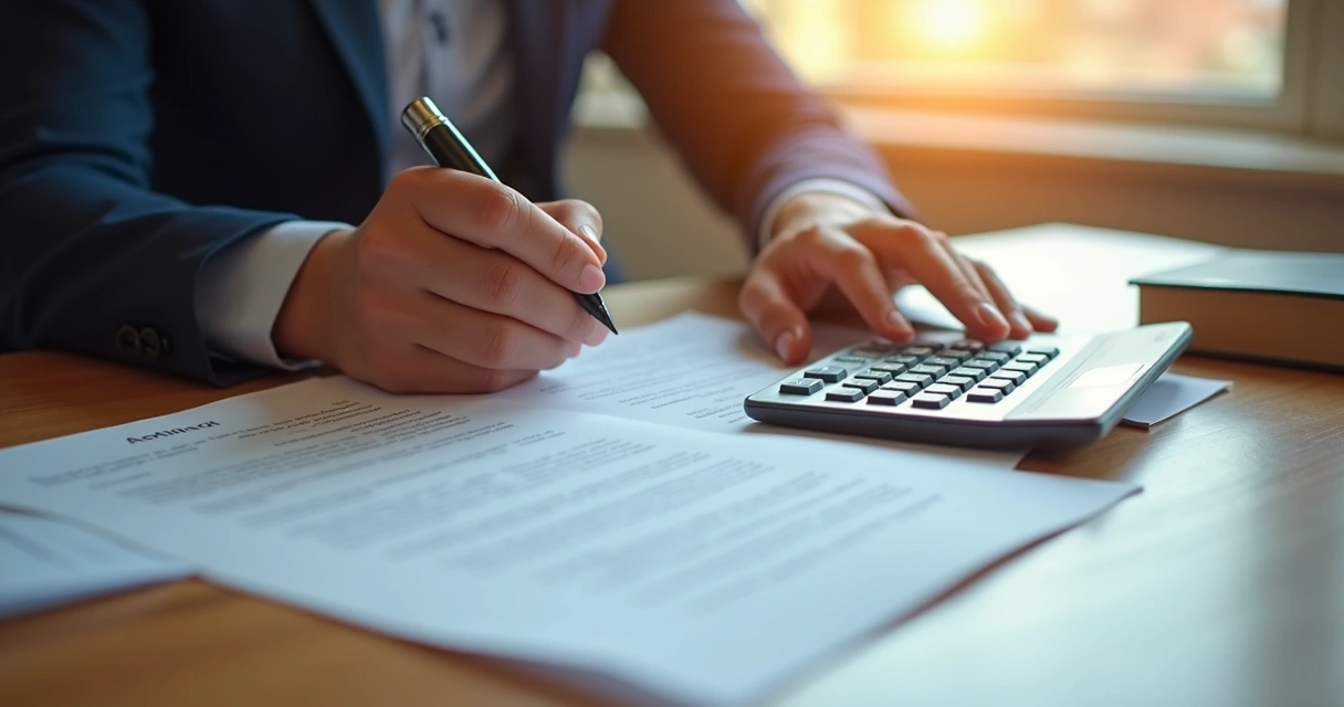 Pessoa revisando documentos de compra de imóvel com calculadora e contrato sobre mesa de madeira 