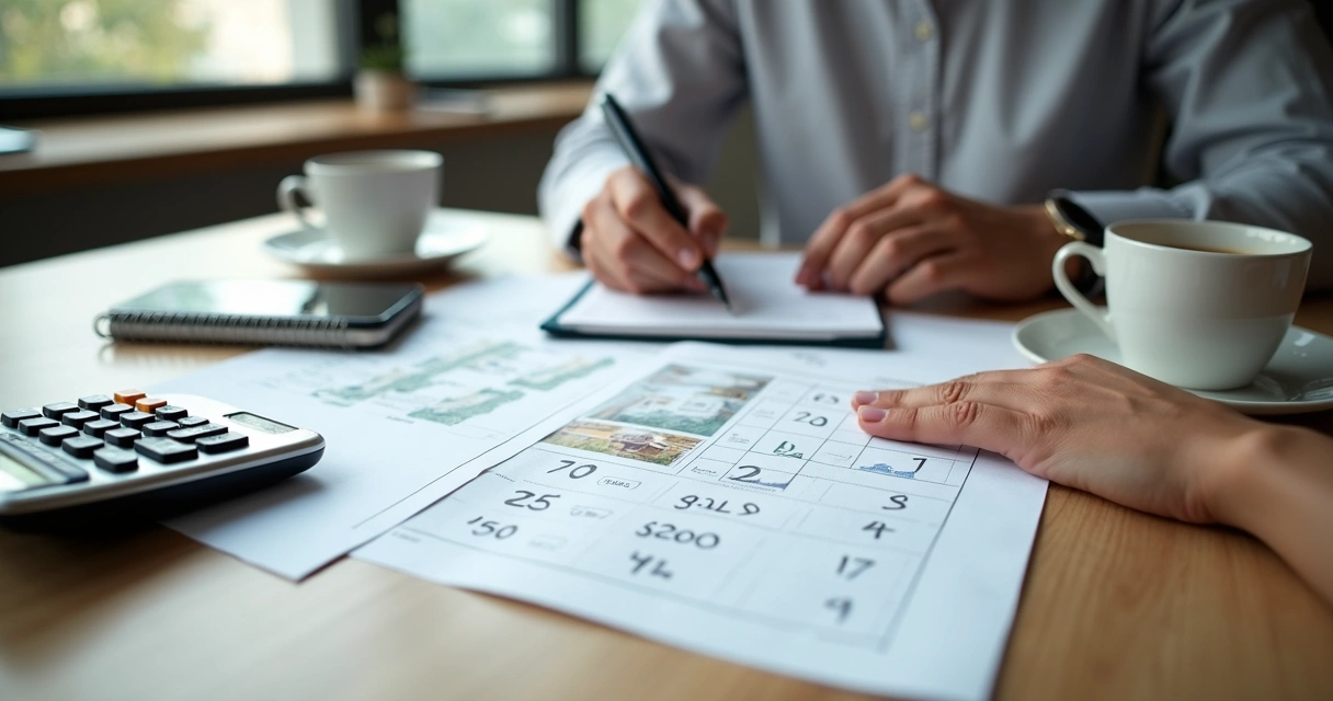 Documentos e calculadora sobre mesa em visita a imóvel 