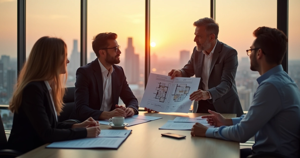 Vista de um corretor imobiliário apresentando plantas e contratos para clientes durante reunião em escritório moderno com janela ampla mostrando cidade ao fundo ao entardecer 