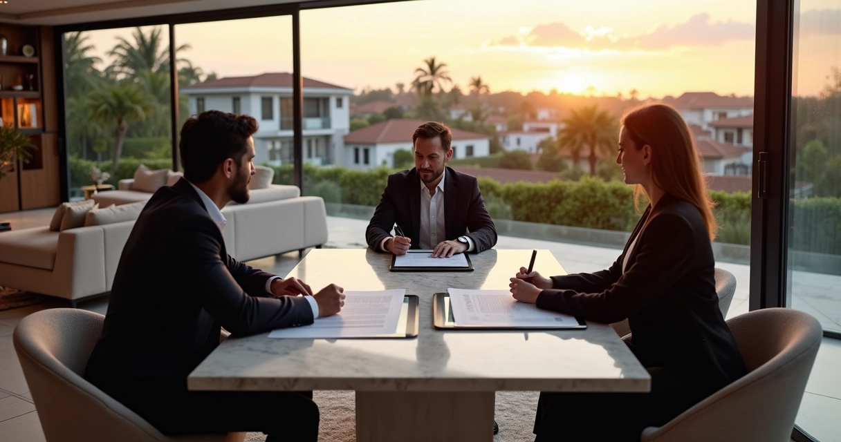 Corretor e casal negociando imóvel de luxo em Paulínia com vista panorâmica da cidade 
