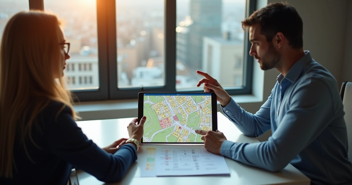 Duas pessoas analisando mapa digital de imóvel em tablet 