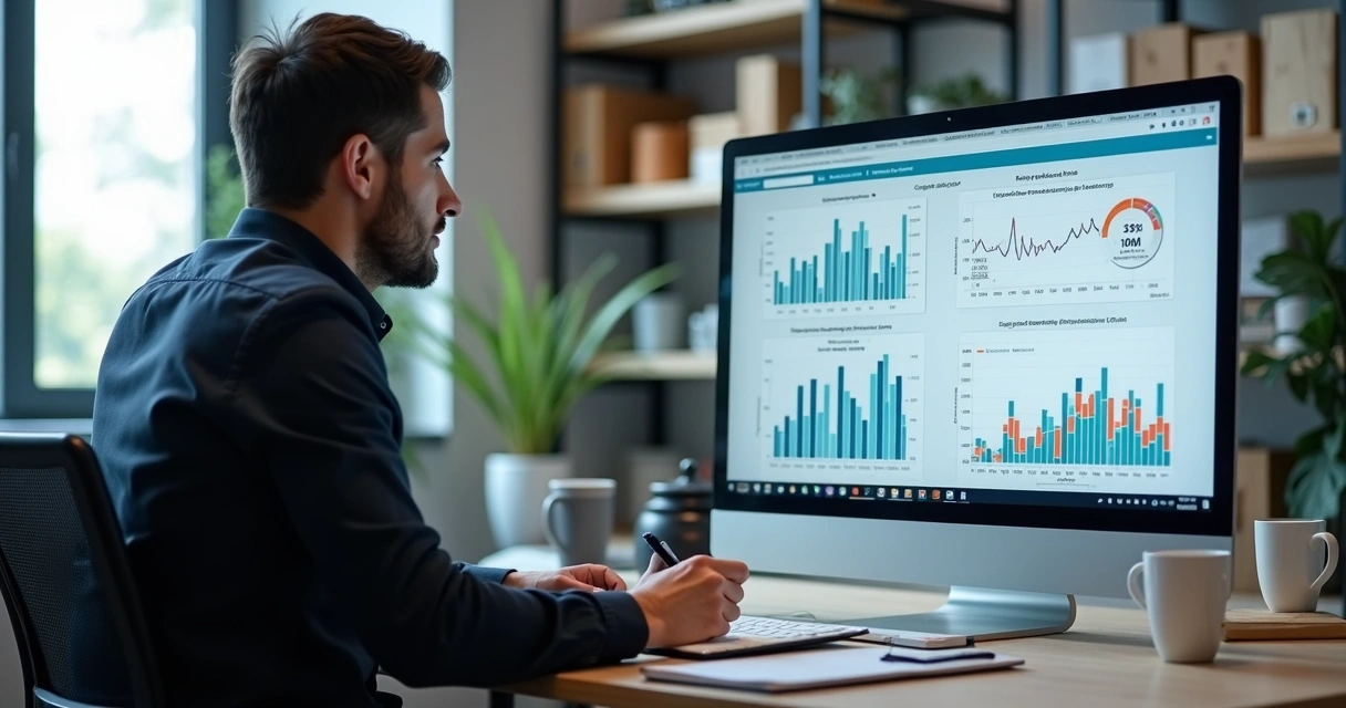 Pessoa analisando relatórios e gráficos de importação na tela do computador 