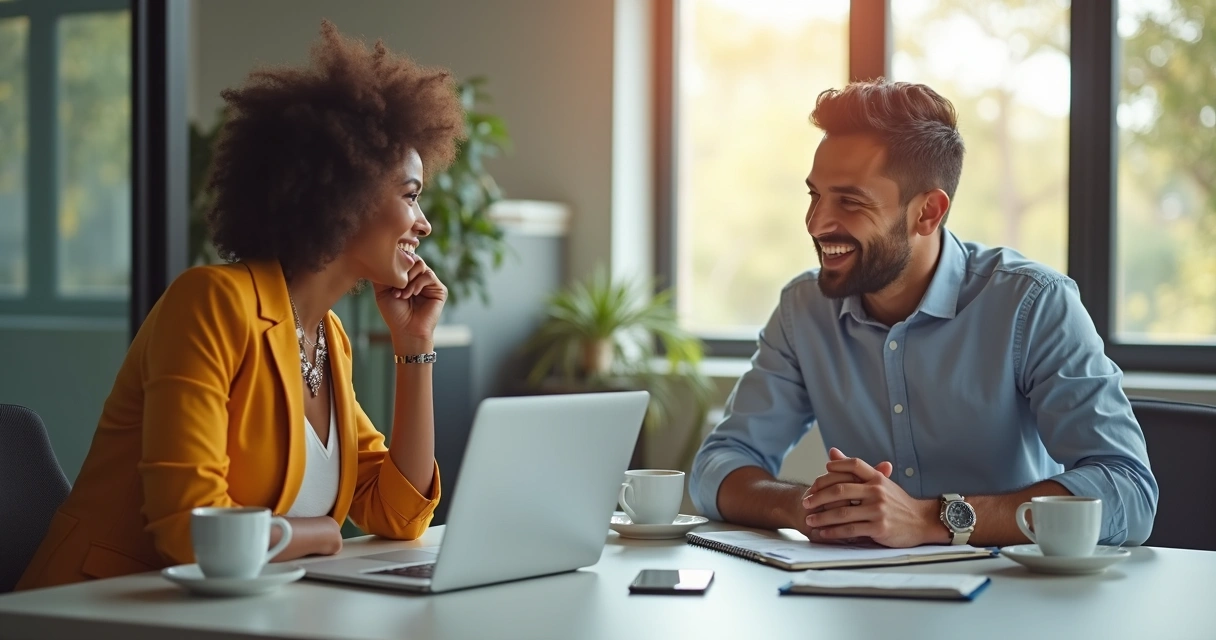 Influenciador sentado com executivo, discutindo campanha em mesa moderna. 