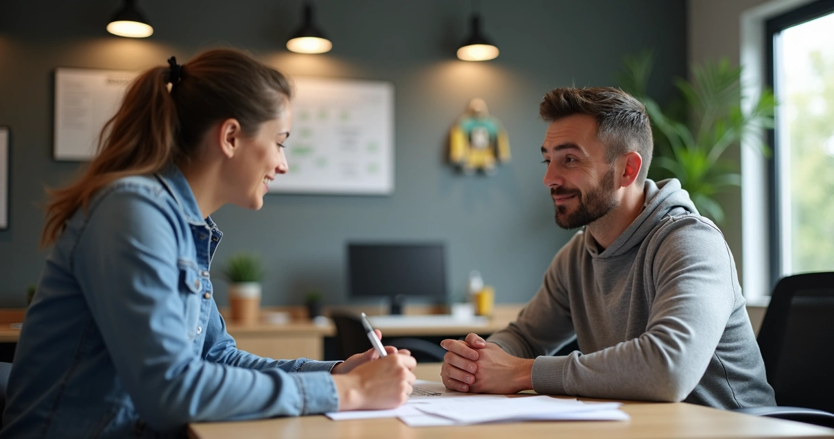 Responsável e gestor negociando mensalidade em escritório de futebol 
