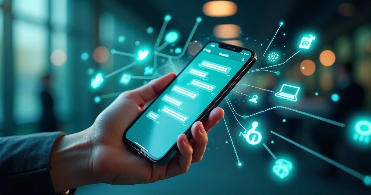 Tela de smartphone mostrando conversa de vendas automatizada pelo WhatsApp com gráficos e ícones de inteligência artificial ao redor 