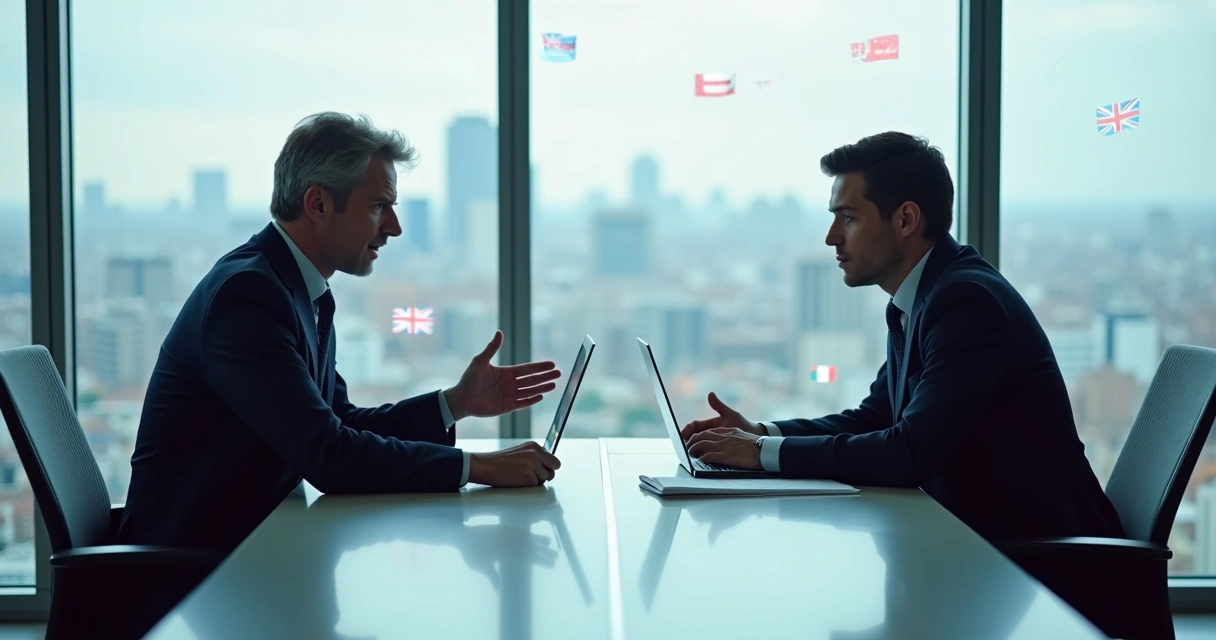 Dois executivos de países diferentes em reunião em mesa de escritório moderna