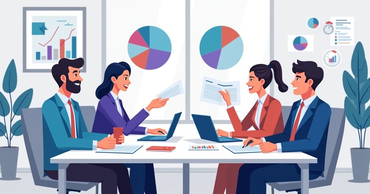 Duas equipes de empresas diferentes negociando, mesa de reunião com laptops e gráficos 