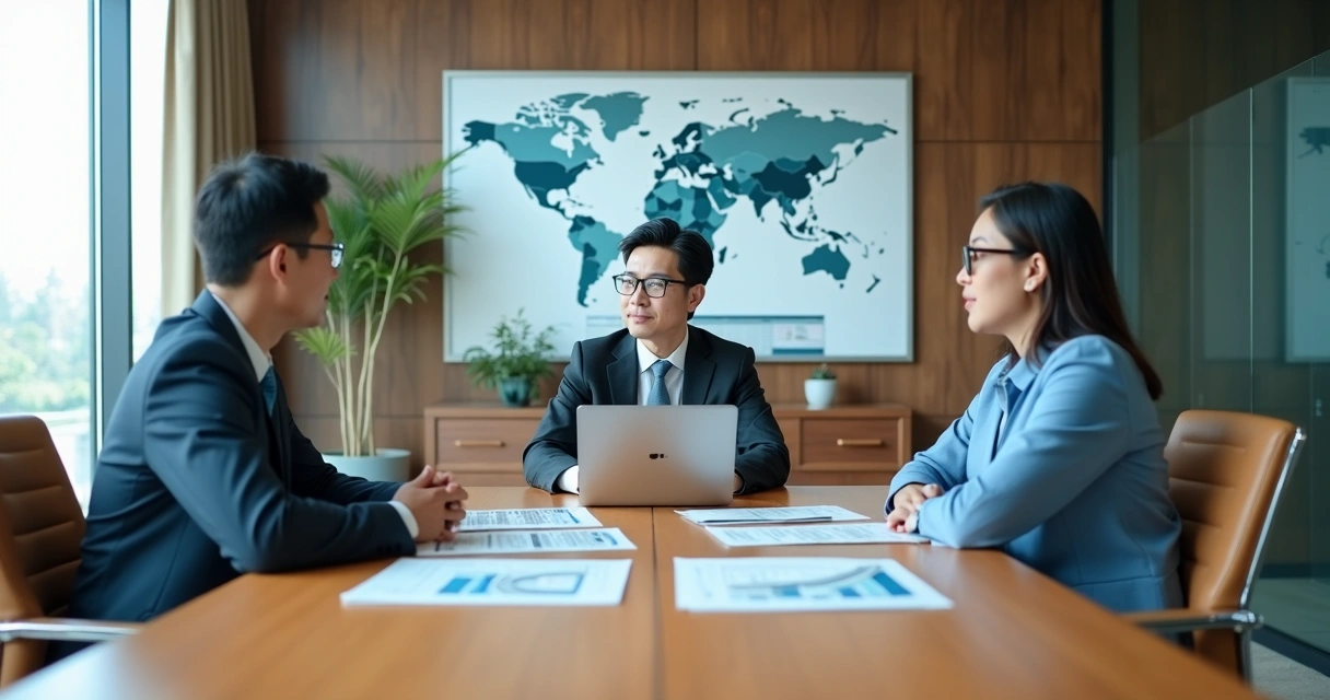Executivos discutindo contrato em mesa com gráficos e catálogos 