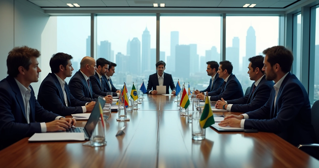 Executivos negociando em sala de reuniões com bandeiras de diferentes países 