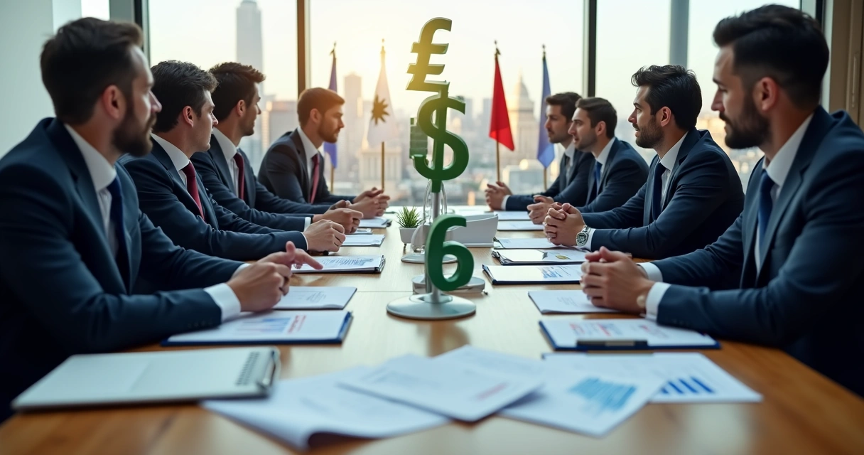 Reunião de executivos em mesa de negociações com mapas e gráficos internacionais