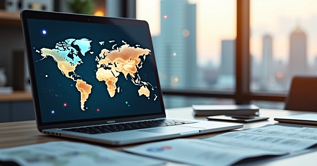 Mapa mundi com ícones de moedas e documentos simulando negociação internacional 