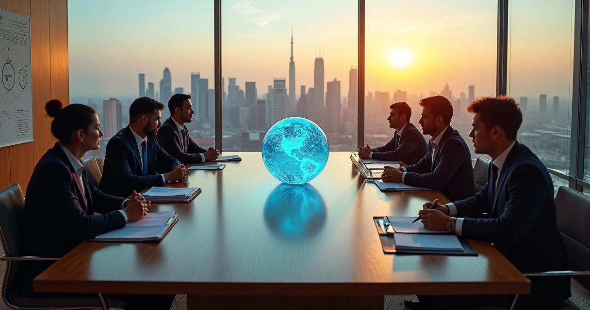 Mesa de negociação internacional com líderes de países diferentes em harmonia 