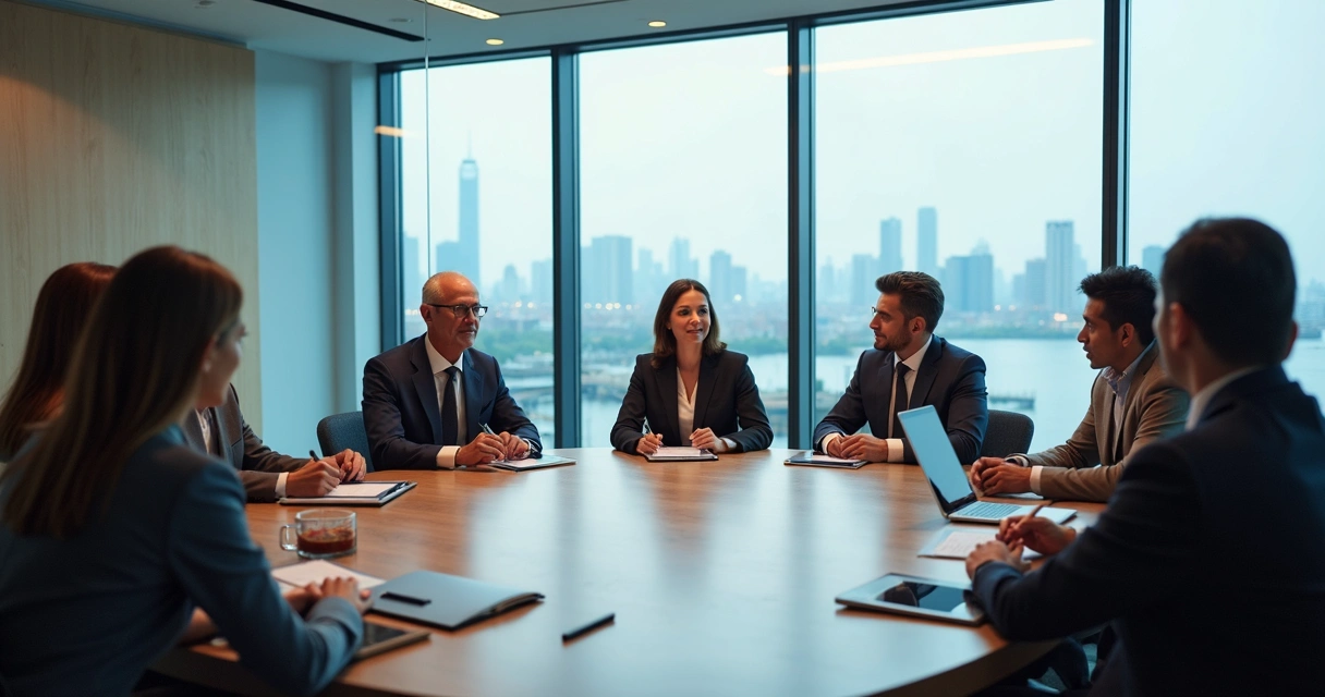 Equipe multicultural negociando em uma mesa redonda. 