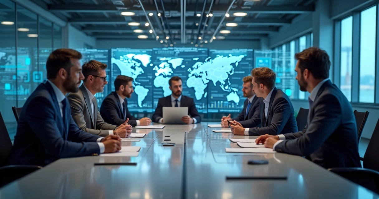 Pessoas negociando em mesa com gráficos de tecnologia na parede