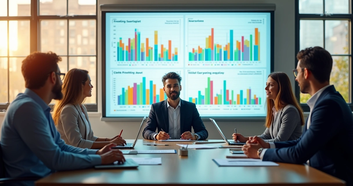 Empresários discutindo em mesa de reunião com gráficos de avaliação expostos 
