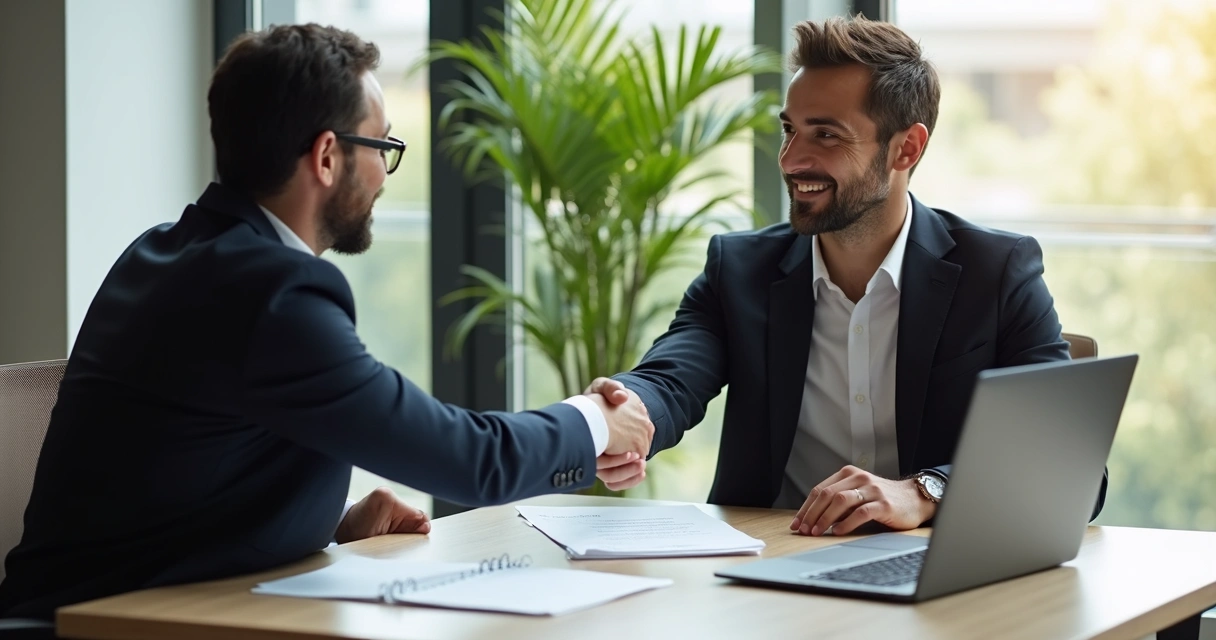 Empreendedores e investidor anjo apertando as mãos após negociação de investimento