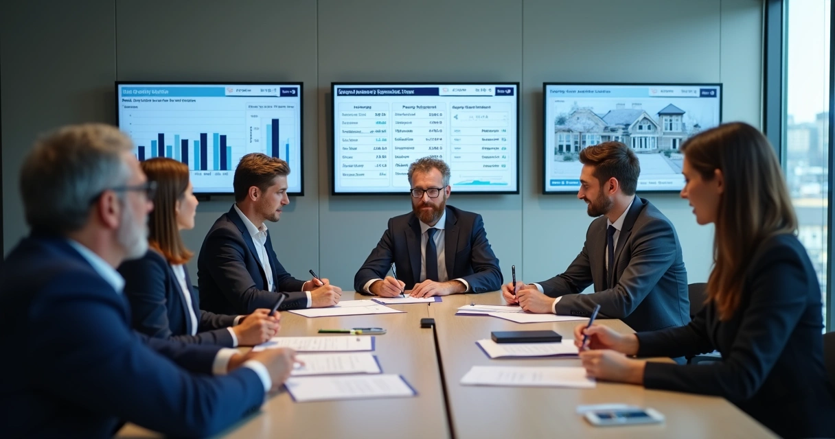 Pessoas negociando em uma sala de leilão, com documentos, lances e tela com informações imobiliárias ao fundo 