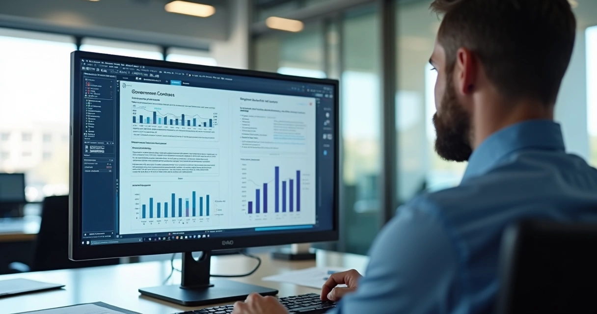 Executivo analisando contratos e editais em computador com gráficos e documentos ao redor em escritório moderno 