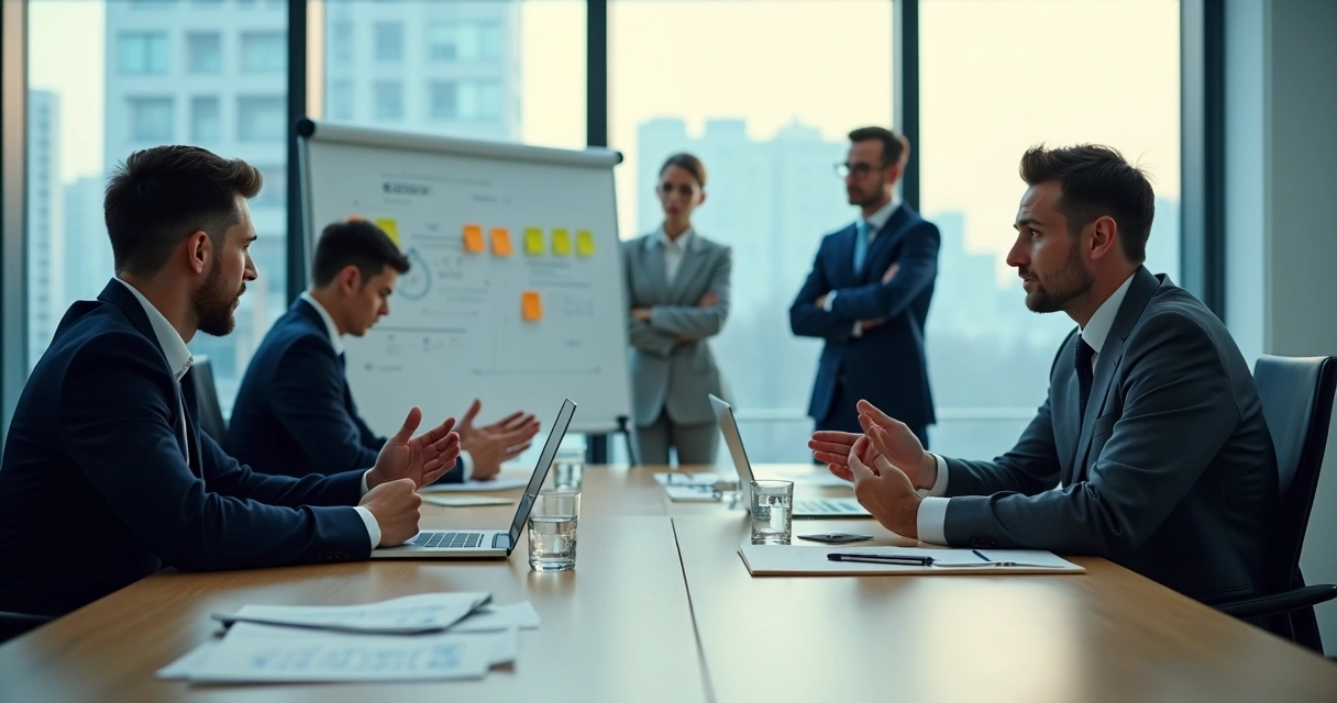 Executivos em negociação observando linguagem corporal em uma sala de reunião moderna 