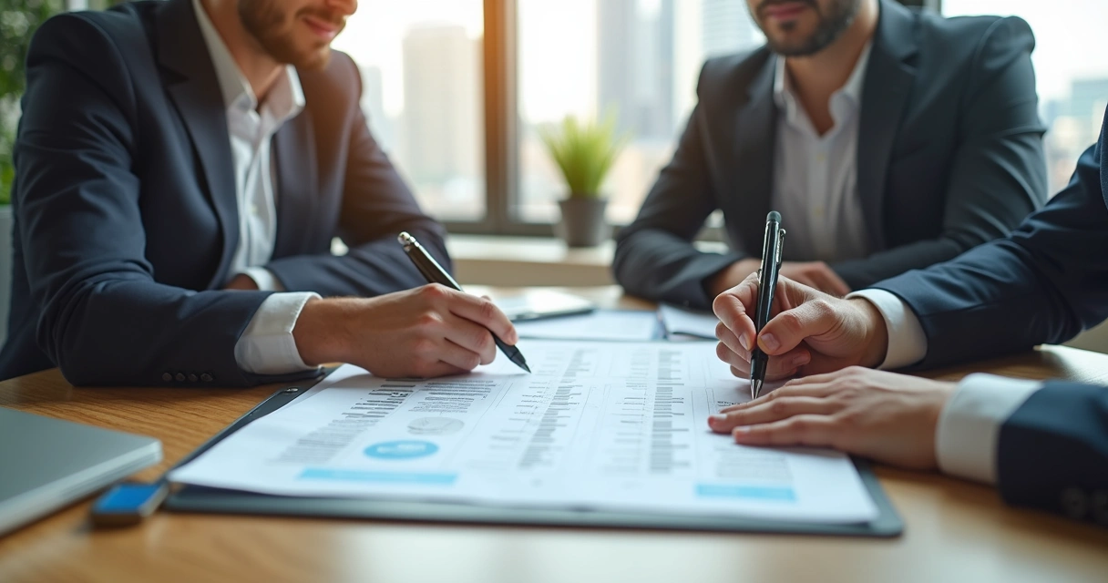 Duas pessoas em reunião negociando uma lista empresarial impressa sobre a mesa 