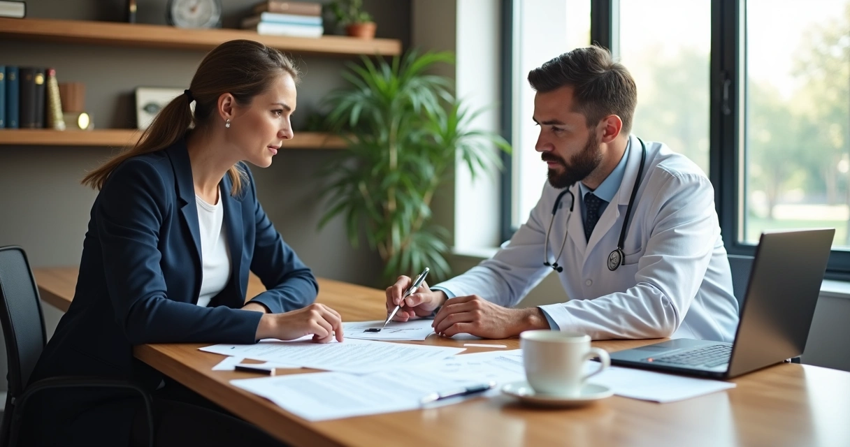 Mesa de reunião entre advogado e médico discutindo contrato de locação em consultório com documentos e laptop abertos 