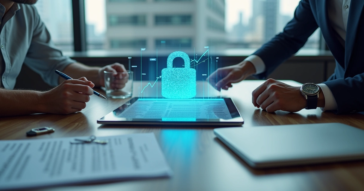 Fundador e investidor ajustam cadeado digital sobre gráfico de ações 