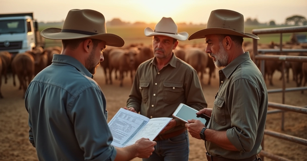 Lotes de gado e negociação em fazenda 
