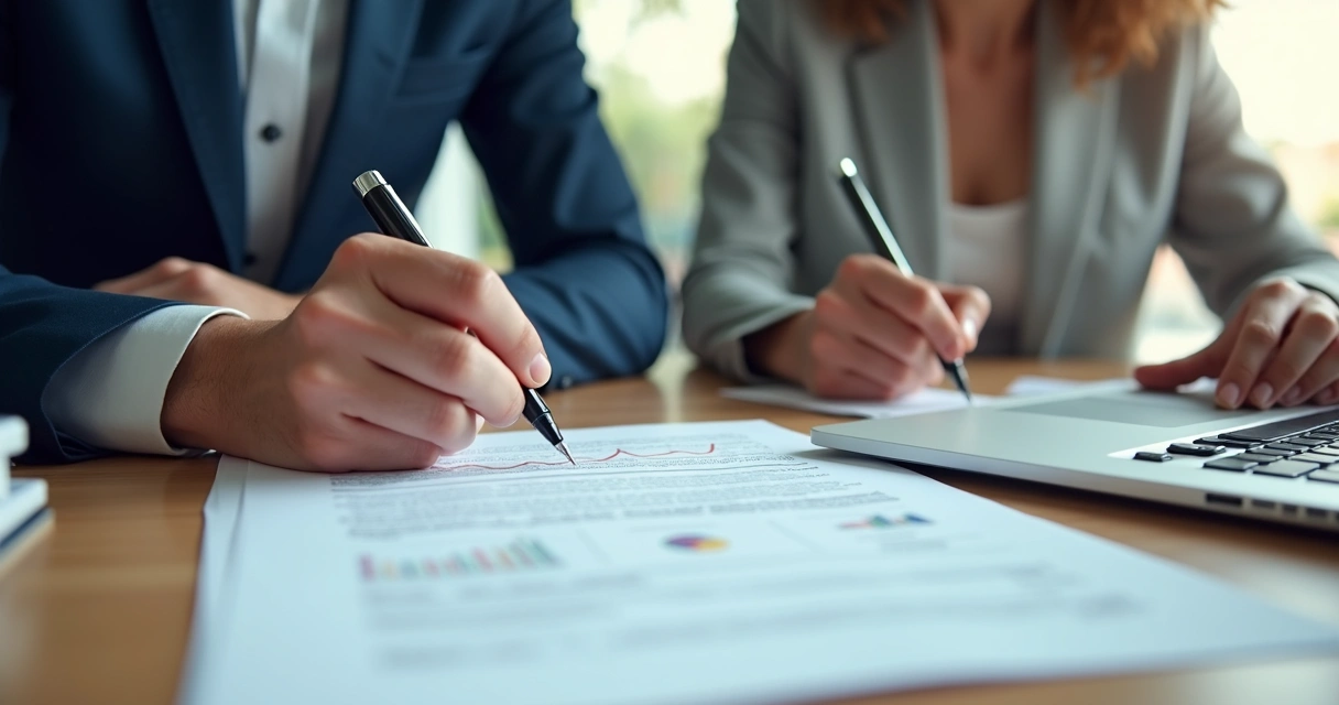 Mesa de negociação com duas pessoas assinando contrato de marketplace