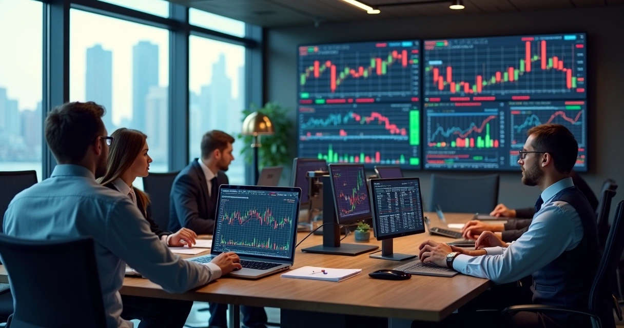 Mesa de reunião com executivos analisando gráficos financeiros de commodities em telas de computador 