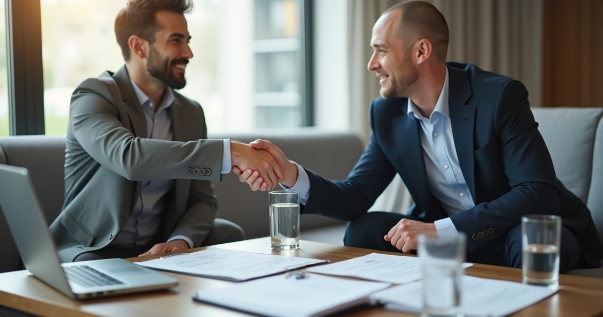 Locador e inquilino conversando de forma amigável em sala com papéis na mesa 