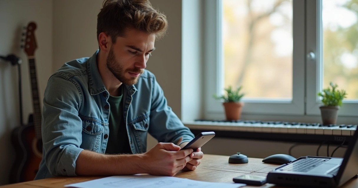Músico segurando celular negociando show pelo WhatsApp 